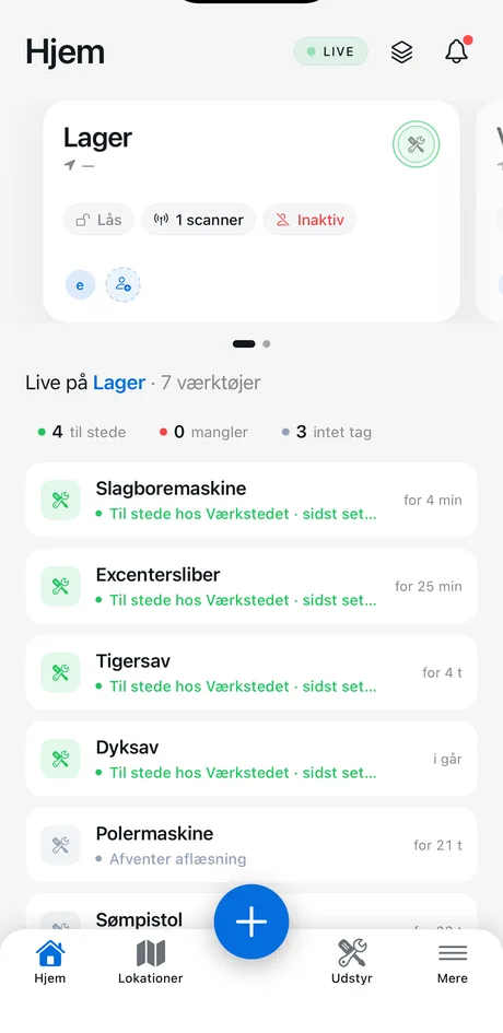 Trackrs på mobilen: værktøjsstatus ude på pladsen.